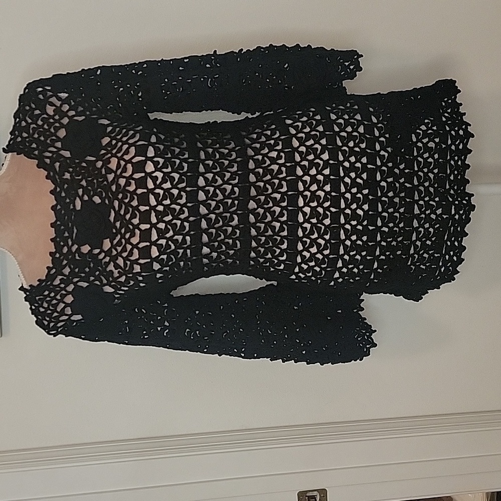 Vintage LeRoy Crochet Sweater / Swimsuit Cover, Black, Size M (more like a S)